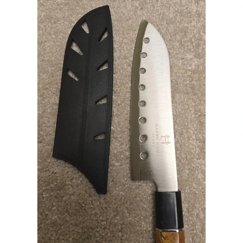 Happy‎ Home Story Santoku Knife Wood Grain Handle Sushi Aerated Blade Sheath